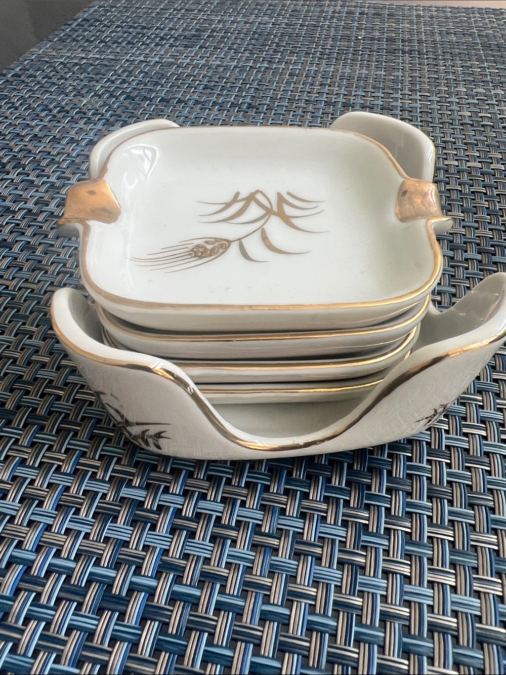 Lefton White Porcelain Ashtray Set  wheat with Gold Trim